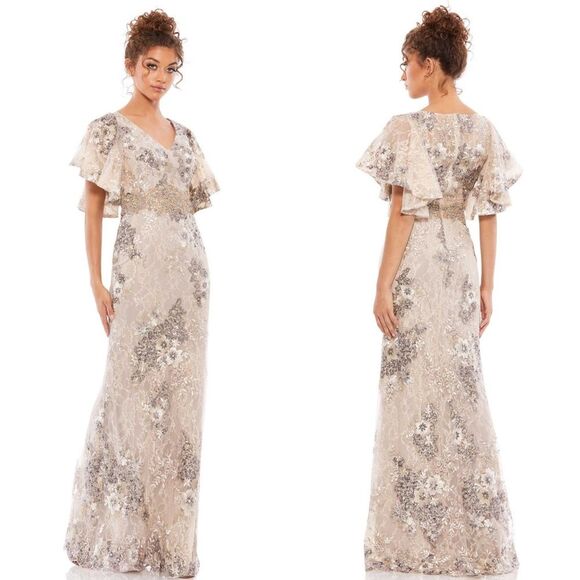 Mac Duggal 67842 Bell Sleeve Floral Embellished Formal Event Gown, Taupe Size 4